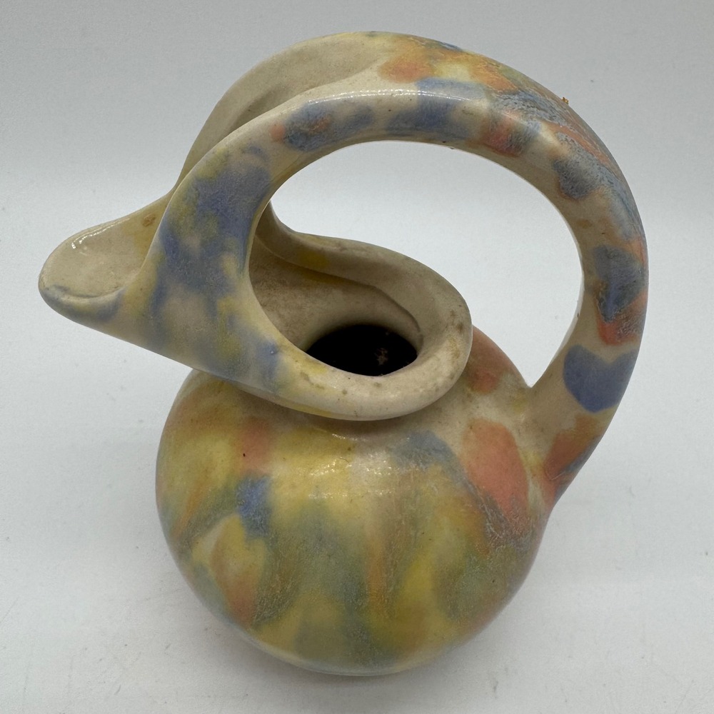 Vintage MCM Sculptural Loop Handle Ewer Vase Pastel Drip Glaze Pitcher Art Deco - Picture 2 of 10
